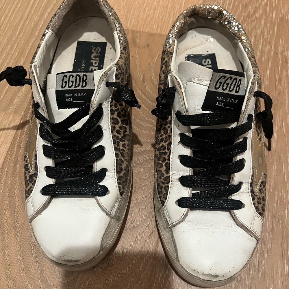 Golden Goose White and Leopard Print Superstar Sneakers